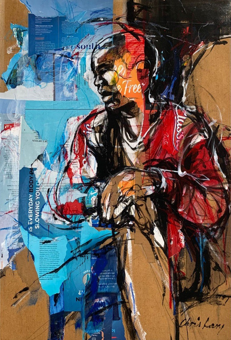 Boy at the Window — mixed media on card by Chris Lary